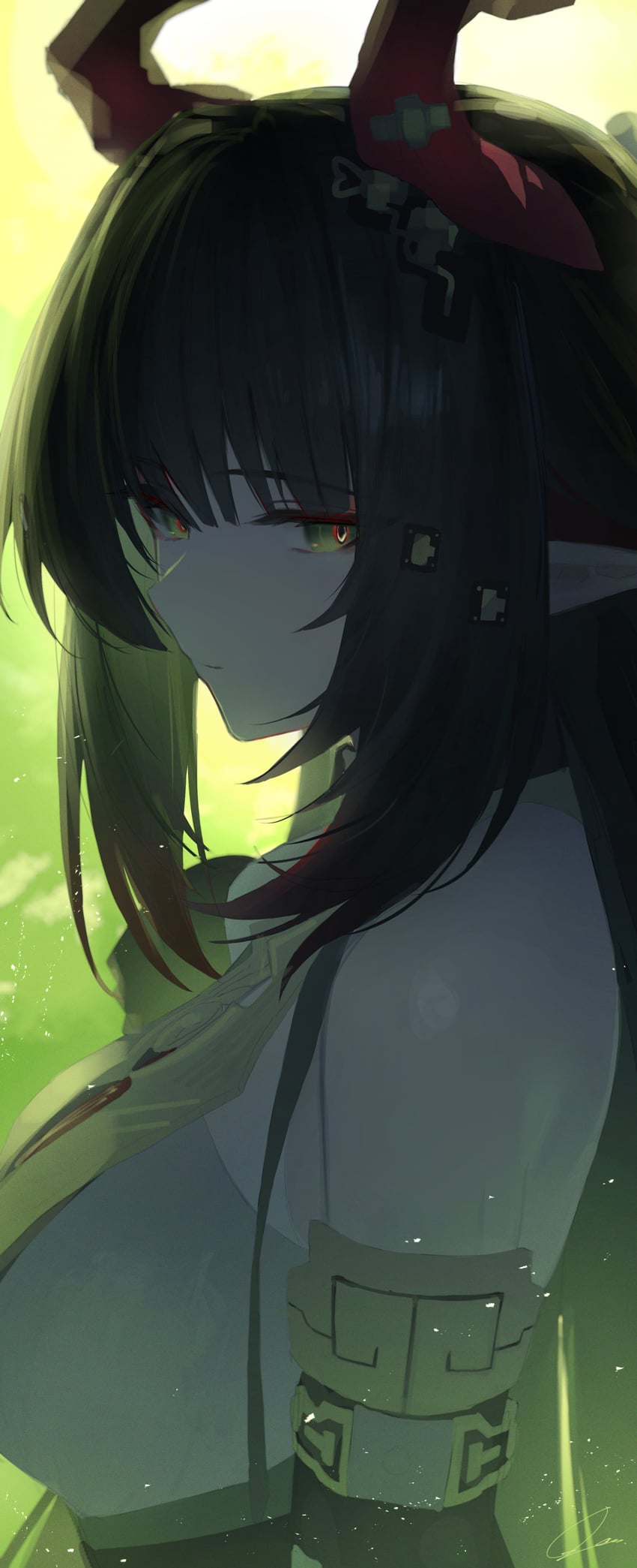 明日方舟、明日方舟：终末地、庄芳怡 (明日方舟) 1名女孩 抽象背景 黑发 乳房 发梢染色