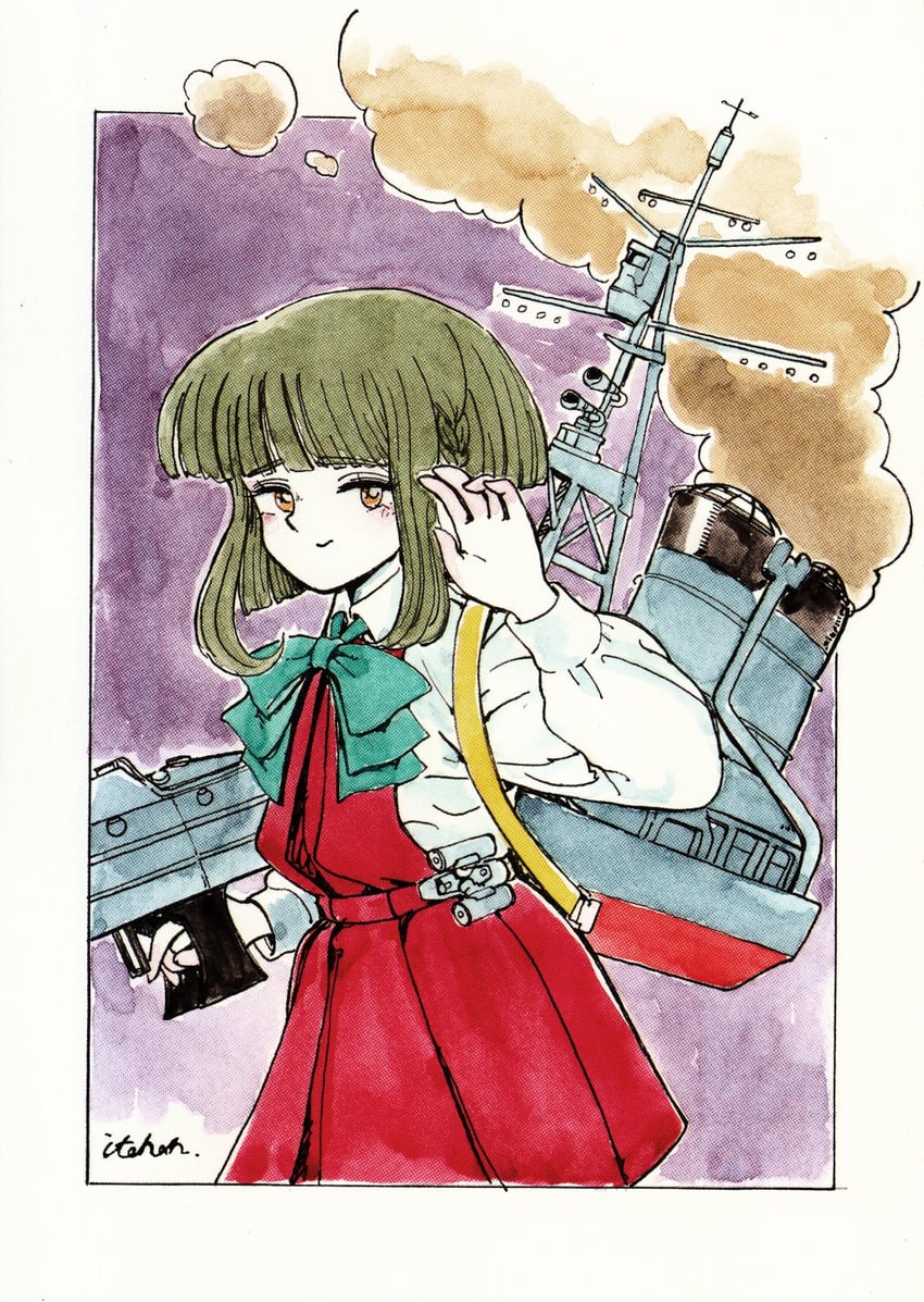 舰队Collection、高波 (舰队Collection) 1名女孩 蓝色蝴蝶结 蓝色领结 齐刘海 脸红