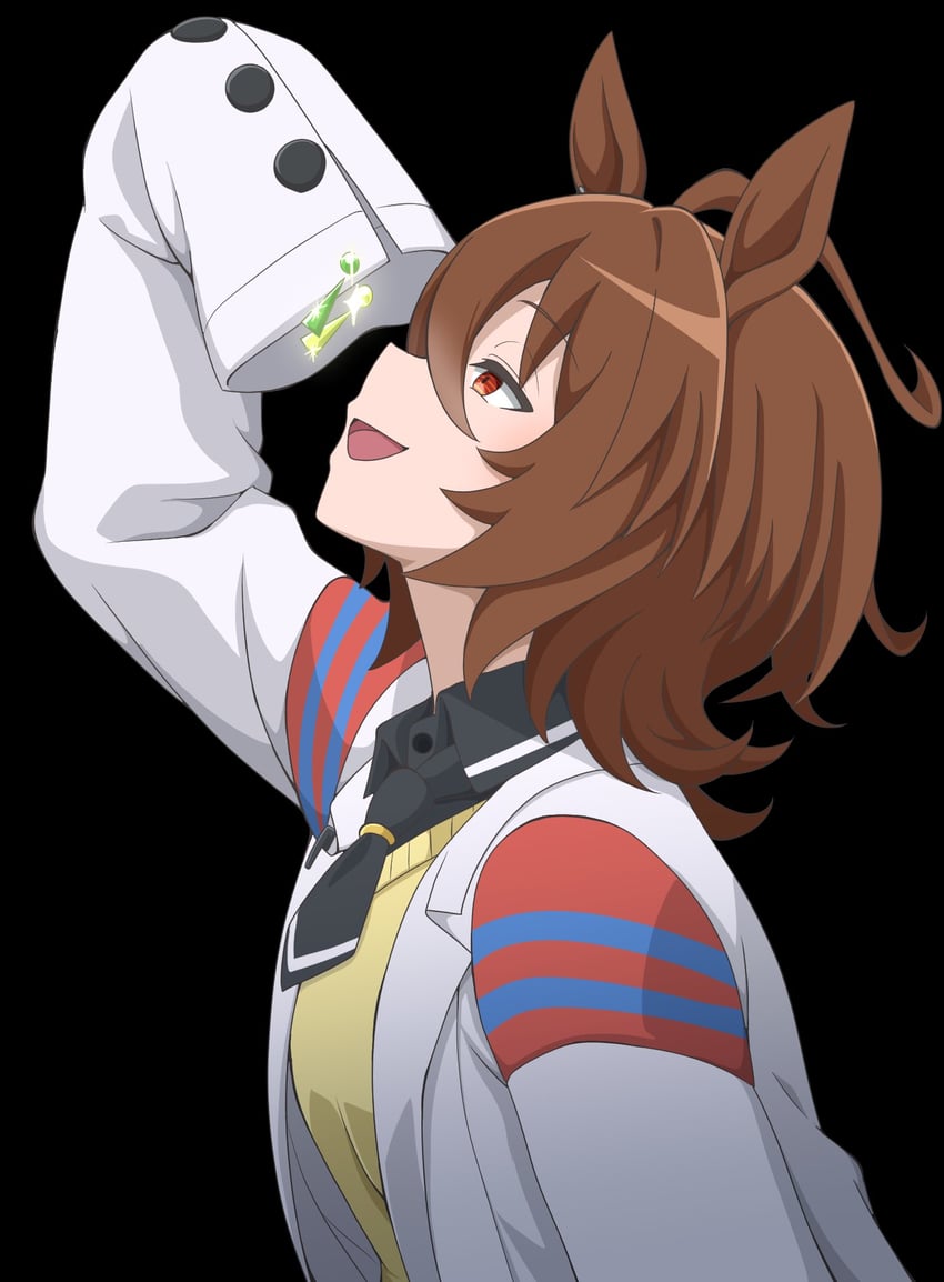 赛马娘、爱丽速子 (赛马娘)、爱丽速子 (赛马娘) 1名女孩 呆毛 兽耳 举手 黑色背景