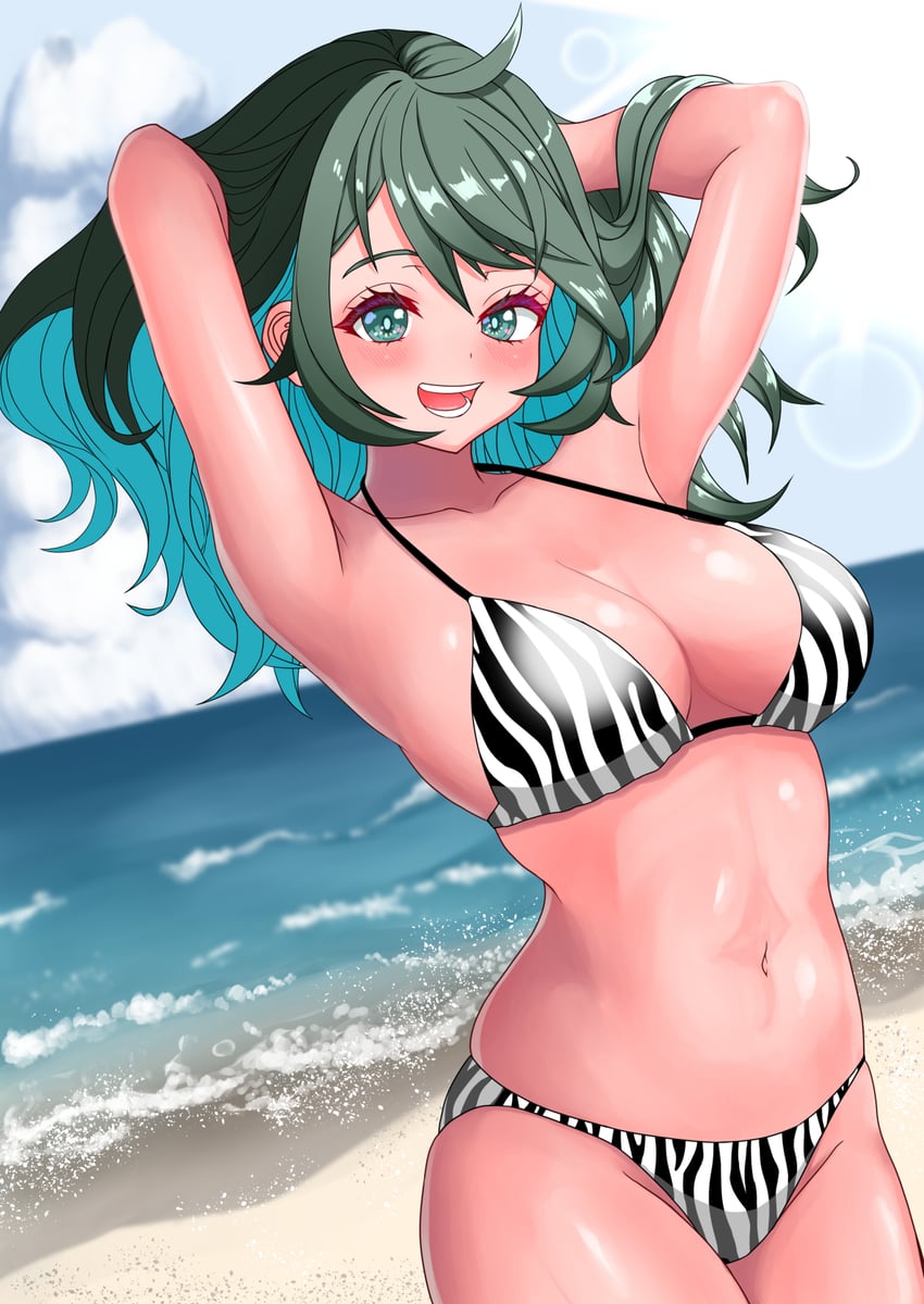 原创 1名女孩 动物花纹 双手抱头 海滩 比基尼