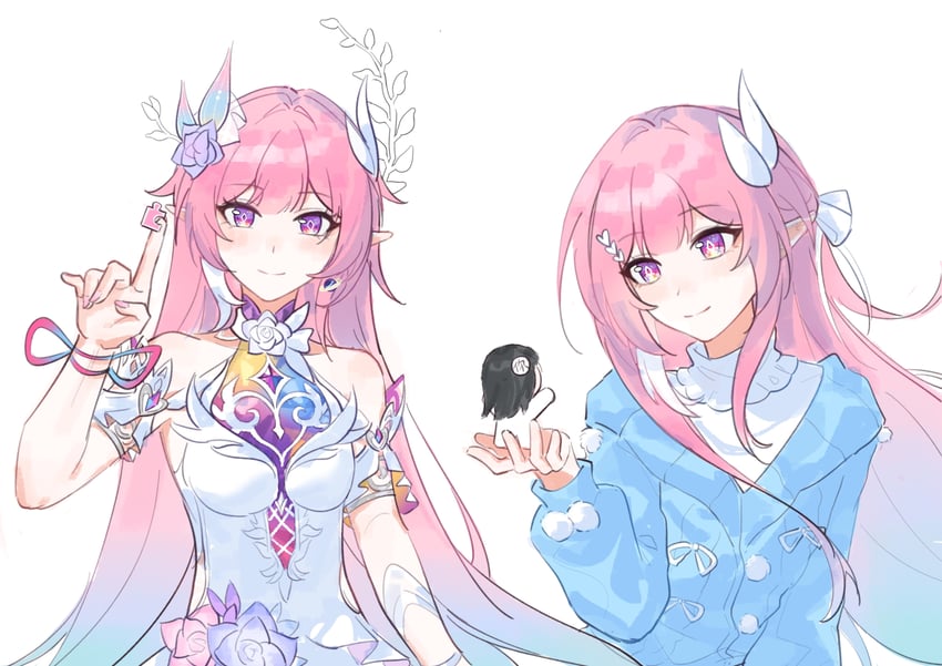 崩坏：星穹铁道、崩坏系列、cyrene (alternate spacetime) (honkai: star rail) 2名女孩 水色发 水蓝色毛衣 乳房 菱形瞳孔
