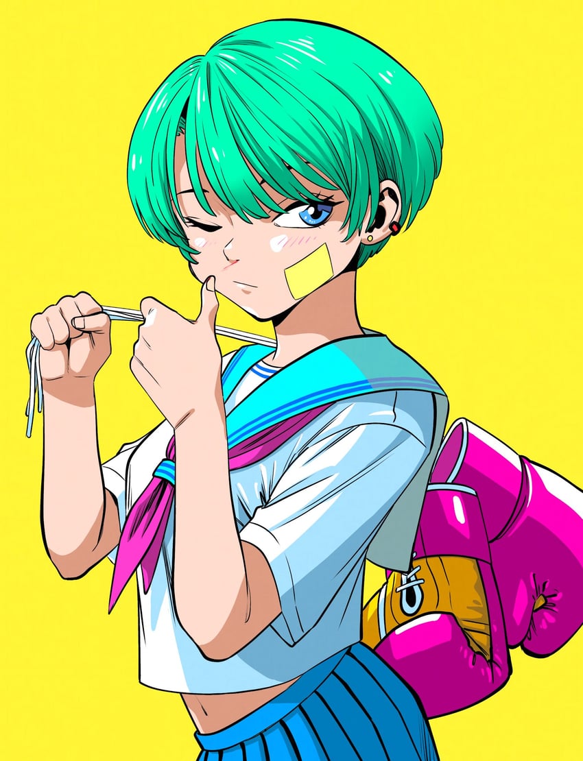原创 1名女孩 水色发 创可贴 脸颊上的创可贴 脸上的创可贴