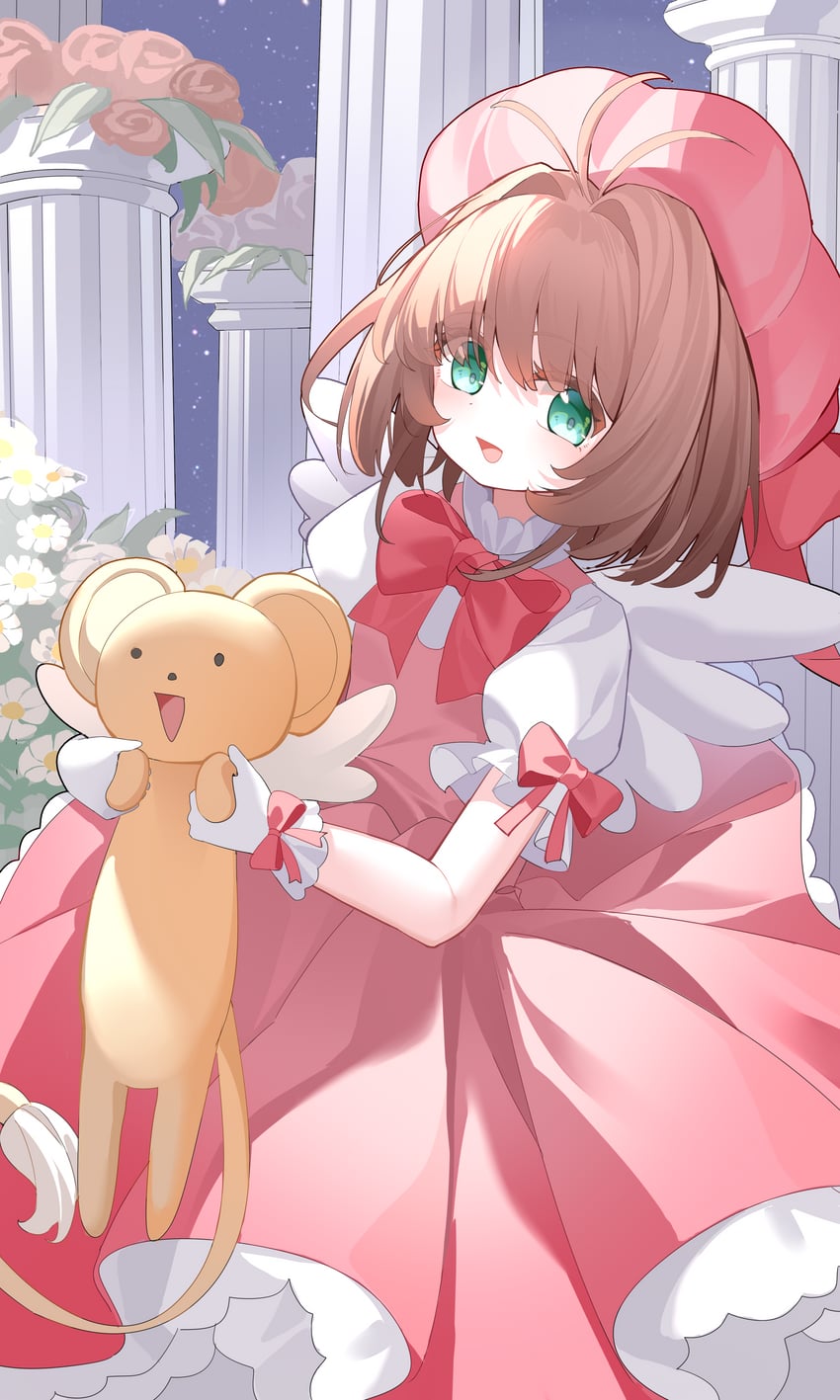 魔卡少女樱、小可 (魔卡少女樱)、木之本樱 1名女孩 蝴蝶结 蝶形领结 柱子 花
