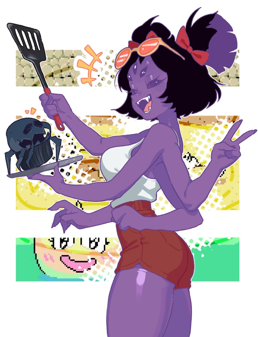传说之下、Undertale/Deltarune、玛菲特 节肢动物娘 黑发 蝴蝶结 乳房 额外手臂