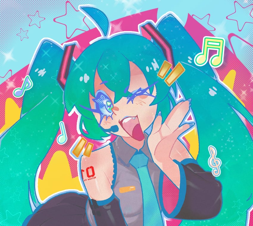 VOCALOID、初音未来 1名女孩 水色发 水蓝色领带 连杠十六分音符 黑色裙子