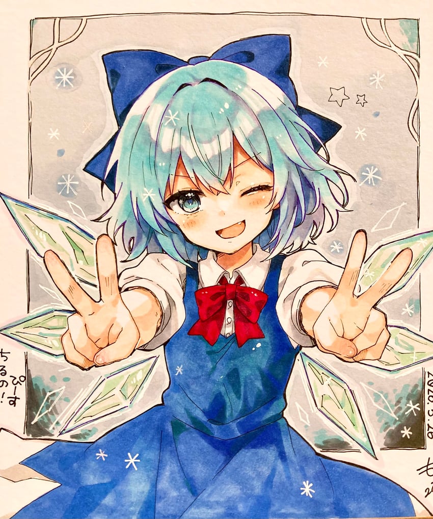 东方Project、琪露诺 1名女孩 :D 微笑 蓝色蝴蝶结 蓝色连衣裙
