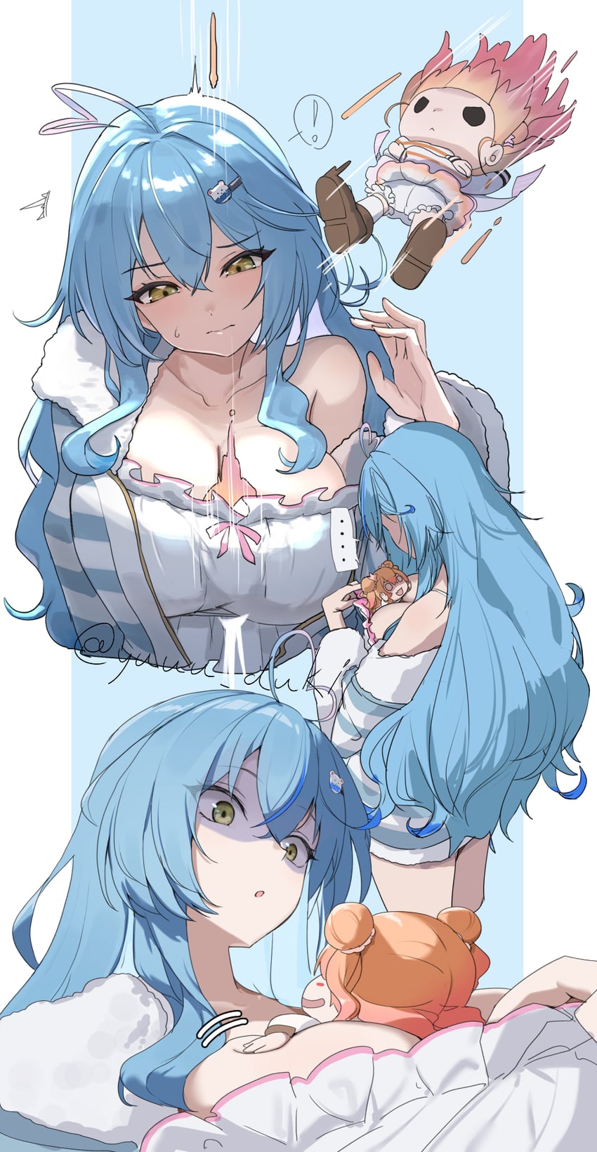 Hololive、桃铃音音、桃铃捏捏 (初始服装) ! 2名女孩 呆毛 乳沟 蓝发