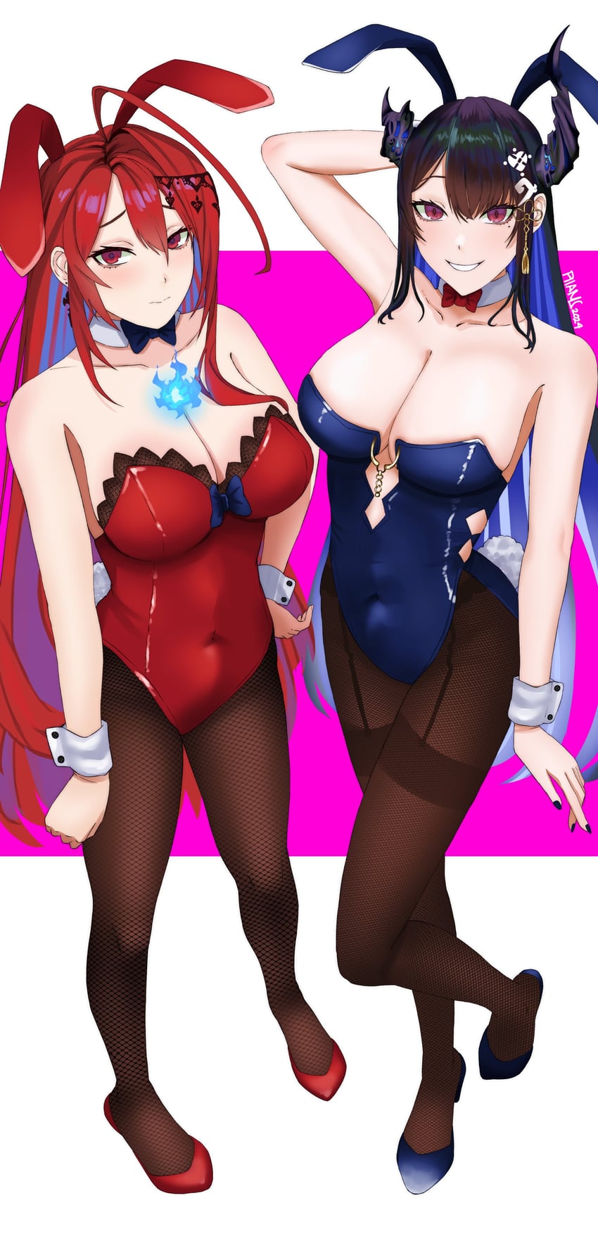 Hololive、Hololive英语、伊丽莎白·罗斯·血焰 2名女孩 不对称角 露肩 黑发 黑角