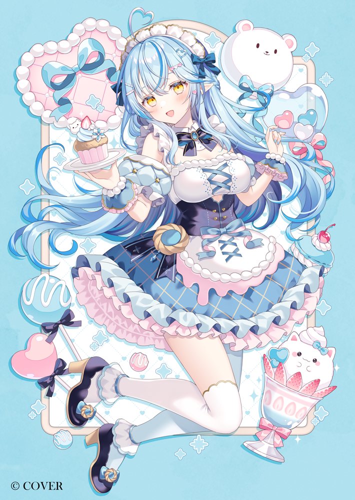 Hololive、大福 (雪花拉米)、雪花拉米 呆毛 围裙 黑色紧身胸衣 黑鞋 蓝色蝴蝶结