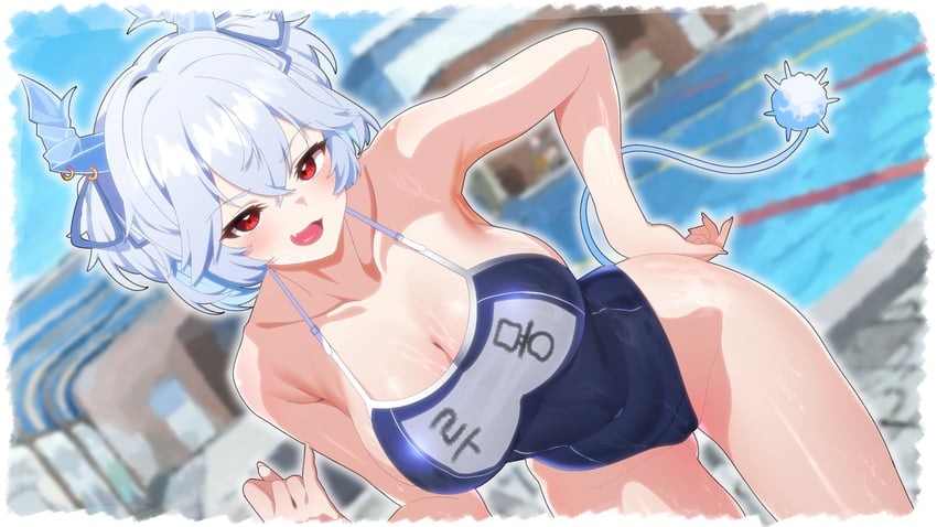 个人势虚拟主播、lumyon (vtuber) 1名女孩 黑色连体泳衣 乳房 乳沟 锁骨