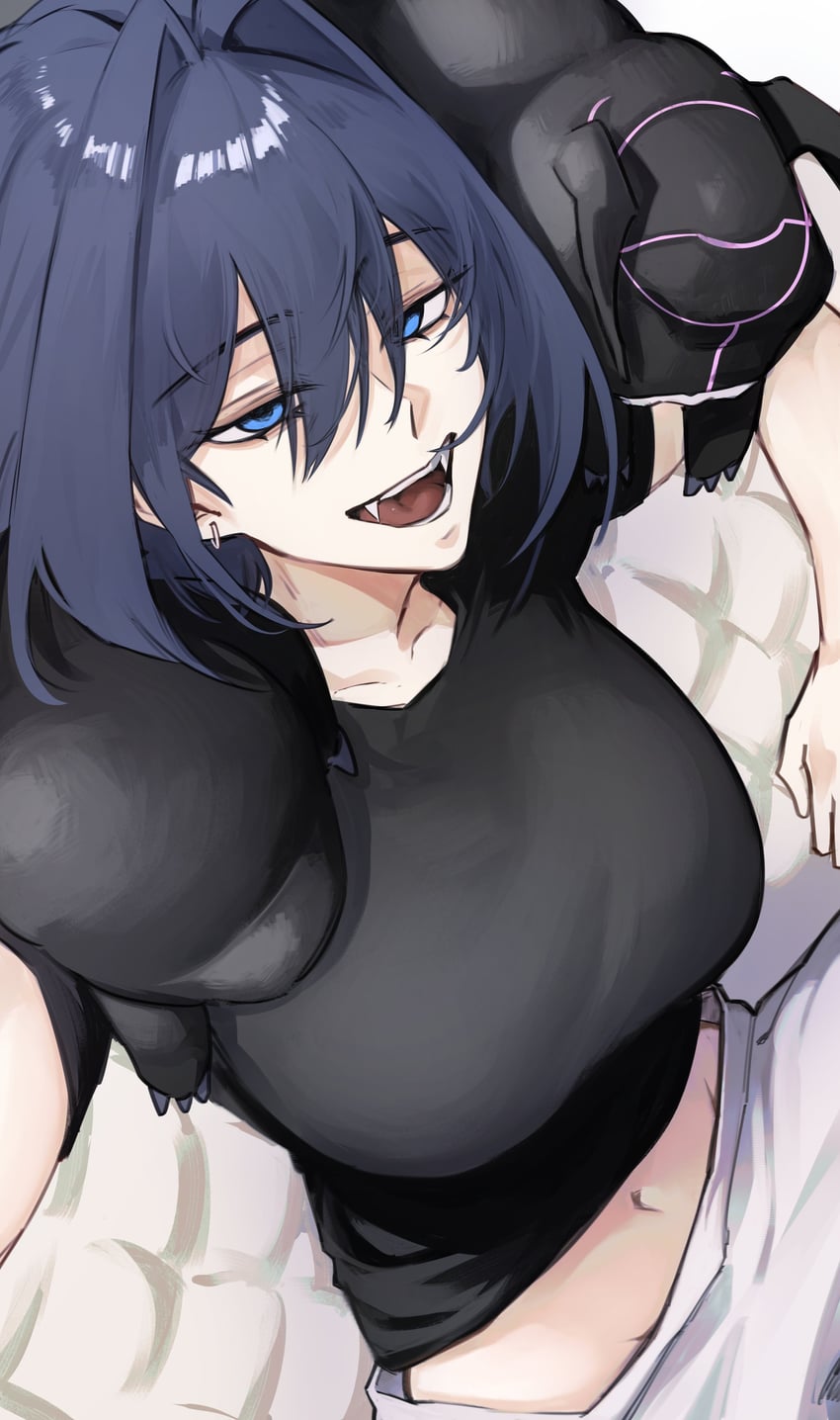 Hololive、Hololive英语、咒术回战 1名女孩 :D 黑衬衫 蓝眼 蓝发