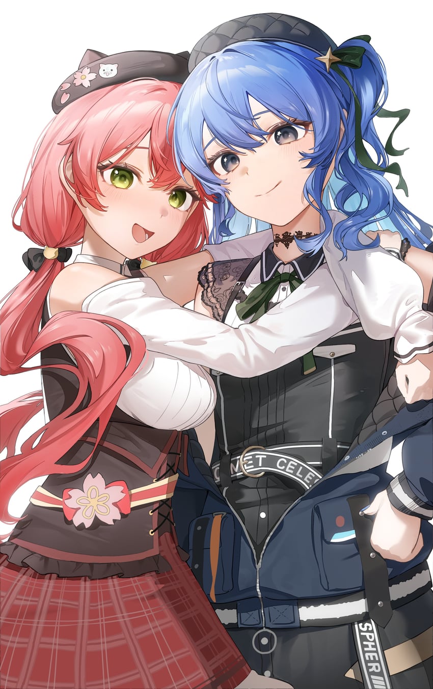 Hololive、星街彗星、星街彗星 (便装) 2名女孩 :D 呆毛 动物帽子 勾住脖子