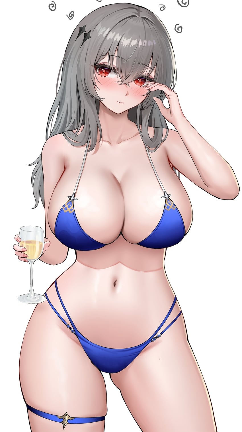 碧蓝航线、路易九世 (碧蓝航线)、saint-louis (holiness to haziness) (azur lane) 1名女孩 比基尼 蓝色比基尼 脸红 乳房