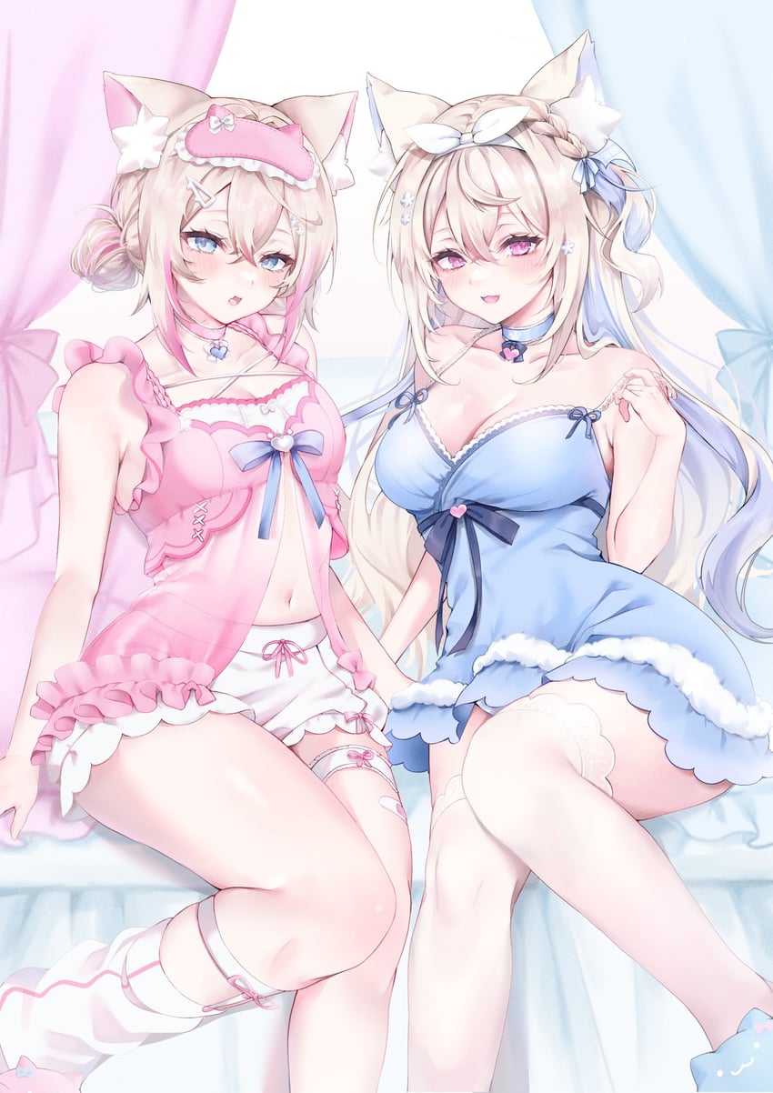 Hololive、Hololive英语、芙华瓦·阿比斯嘉德 2名女孩 兽耳毛 兽耳 娃娃装睡衣 露肩