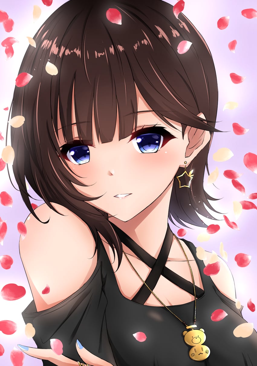 Hololive、时乃空、时乃空 (第八套服装) 1名女孩 发型长度变动 (更短) 黑衬衫 蓝色指甲 棕发