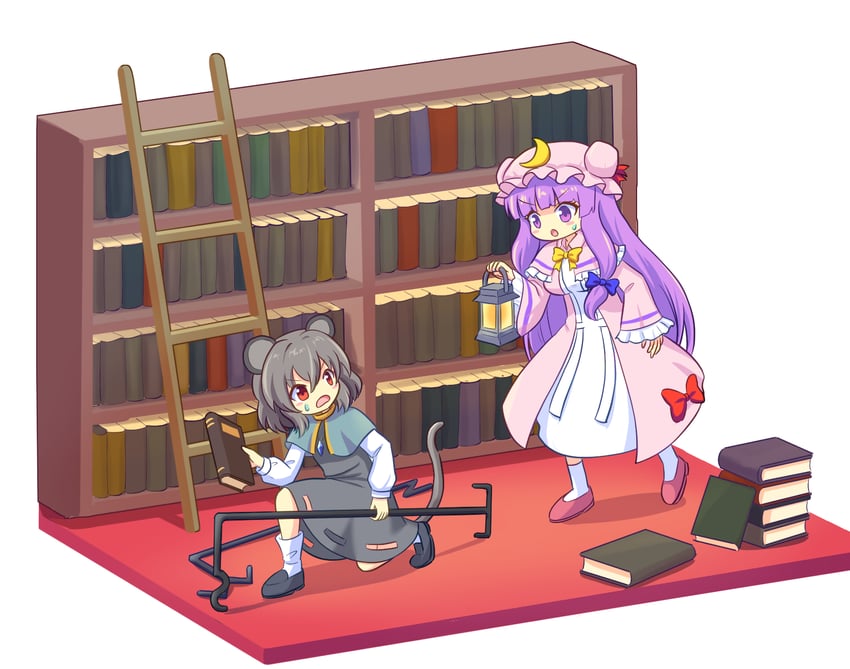 东方Project、纳兹琳、帕秋莉·诺蕾姬 2名女孩 兽耳 黑鞋 蓝色蝴蝶结 蓝色小披肩