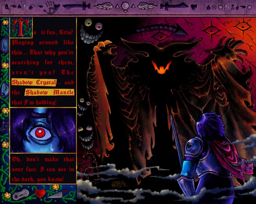 三角符文、Undertale/Deltarune、埃拉姆（三角符文） 铠甲 蓝发 斗篷 对话 坏笑