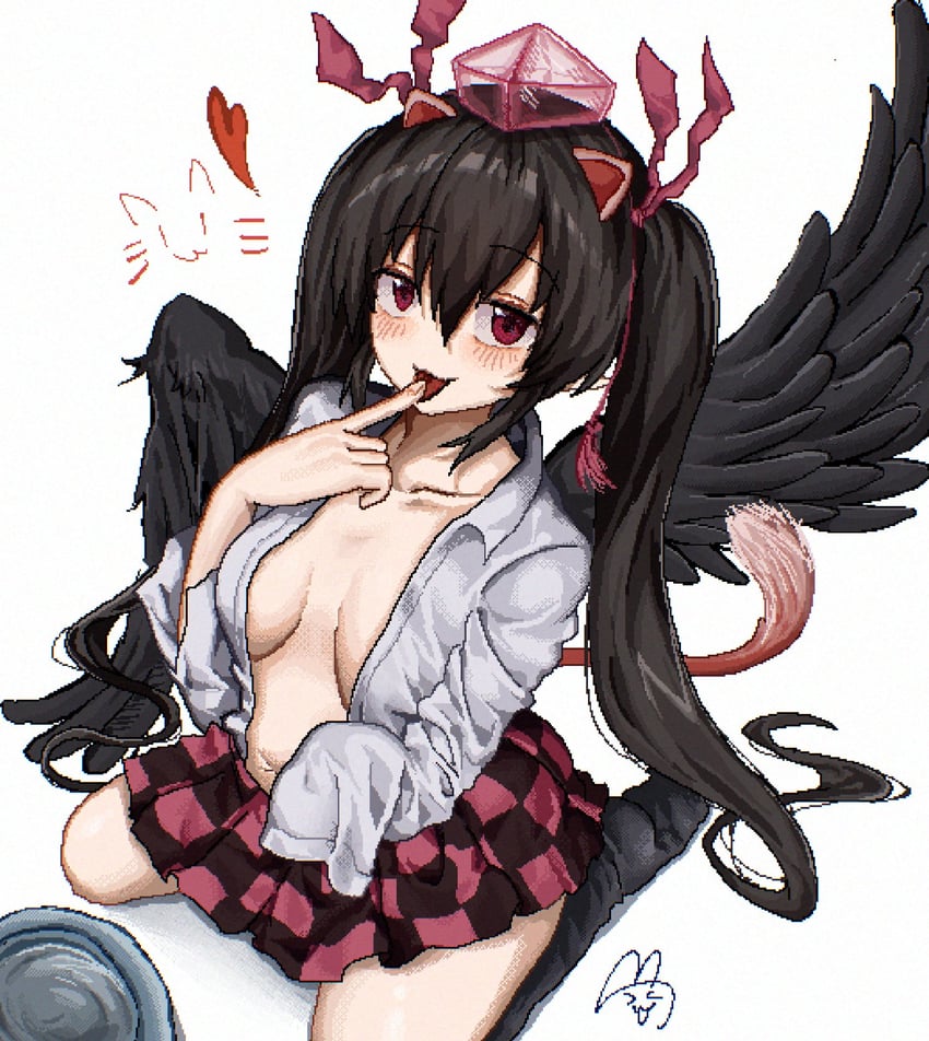 东方Project、姬海棠羽立 1名女孩 兽耳 鸟翼 黑色翅膀 脸红