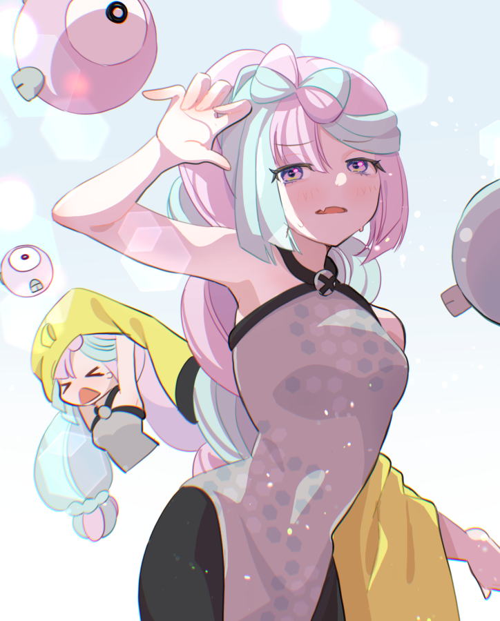 宝可梦、宝可梦 朱/紫、奇树 (精灵宝可梦) 1名女孩 闭眼挤眼 露肩 黑色短裤 蓝发