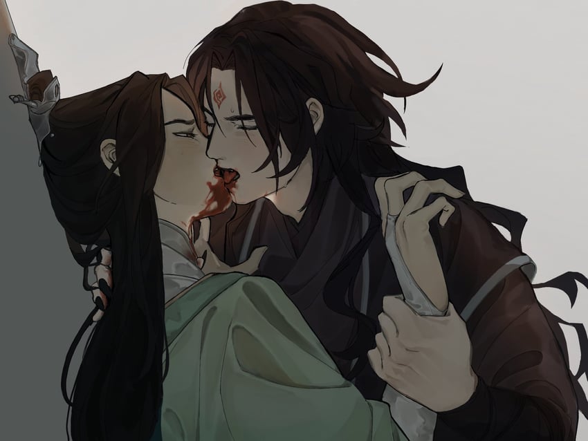人渣反派自救系统、洛冰河、沈清秋 2个男孩 靠墙 搂脖子 黑发 黑色指甲