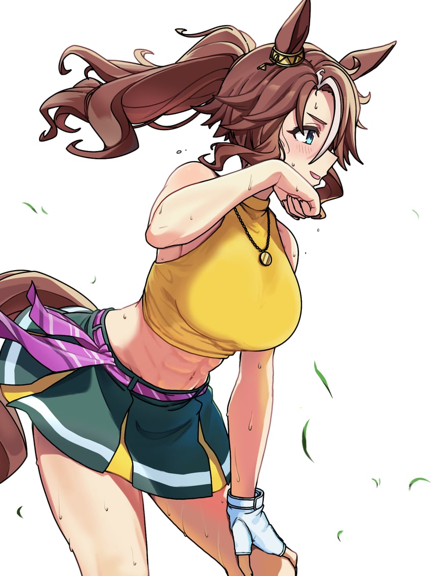 赛马娘、目白善信 (爆进突破) (赛马娘)、目白善信 (赛马娘) 1名女孩 腹肌 兽耳 蓝眼 脸红
