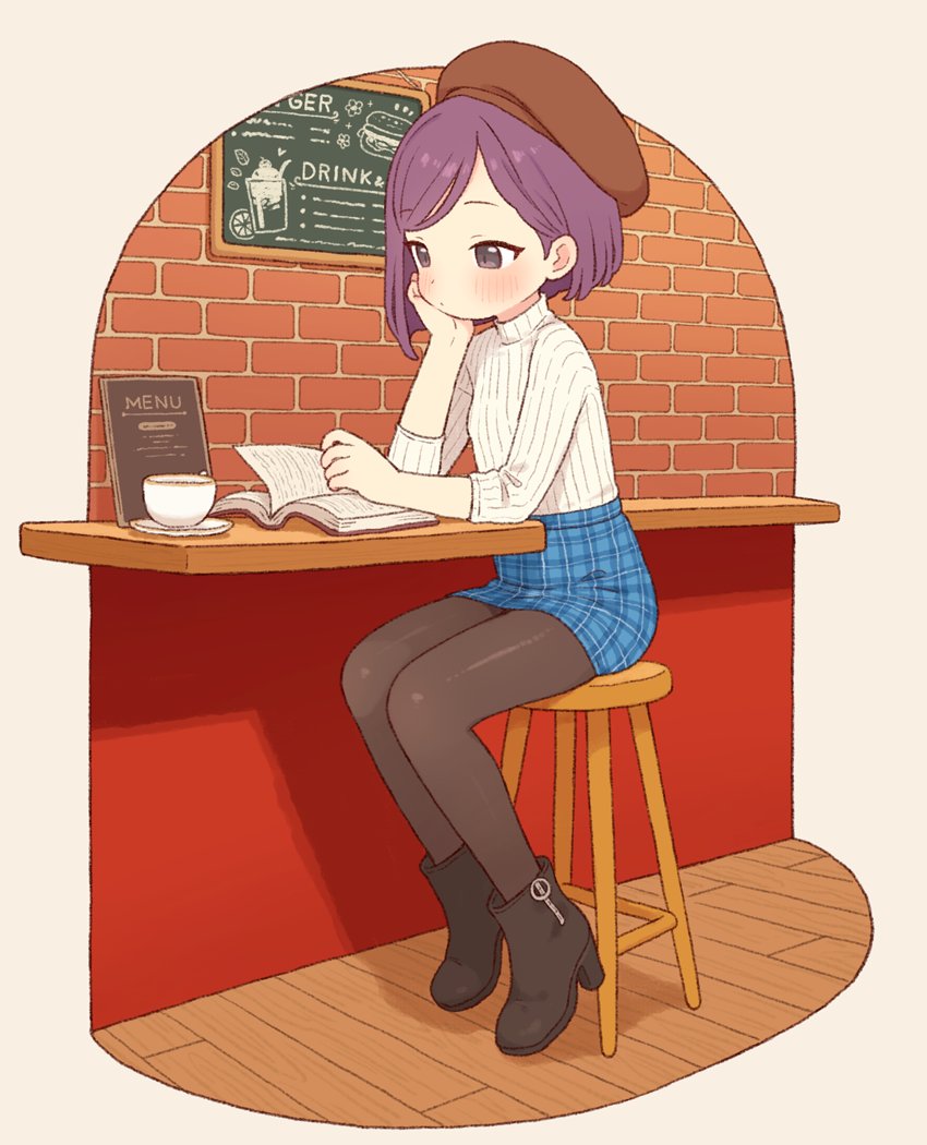 原创 1名女孩 吧台凳 贝雷帽 黑色靴子 黑色连裤袜