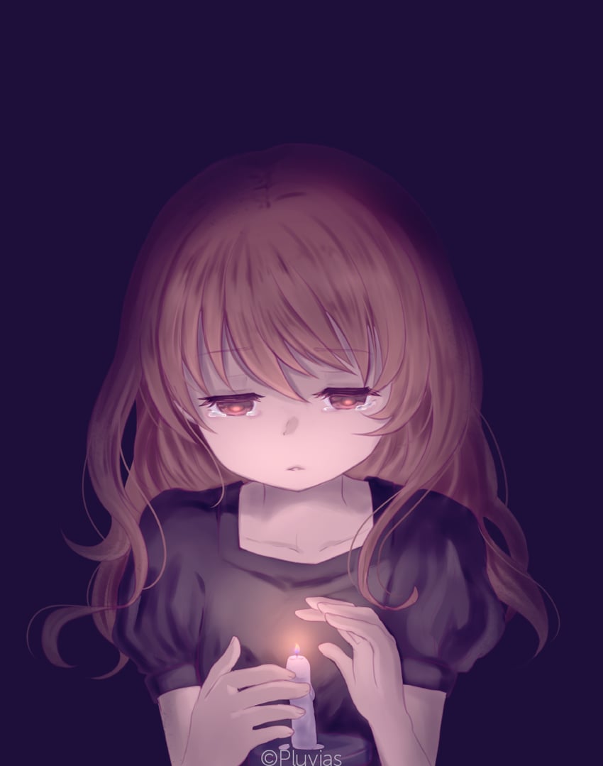 原创、selena (pluvias) 1名女孩 作者名 黑色背景 黑色连衣裙 棕眼睛