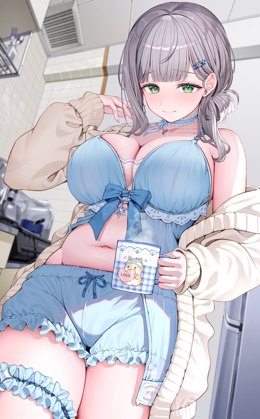 Hololive、白银诺艾尔、白银诺艾尔 (睡衣) 1名女孩 娃娃装睡衣 蓝色睡裙 蓝色蝴蝶结 蓝色项圈