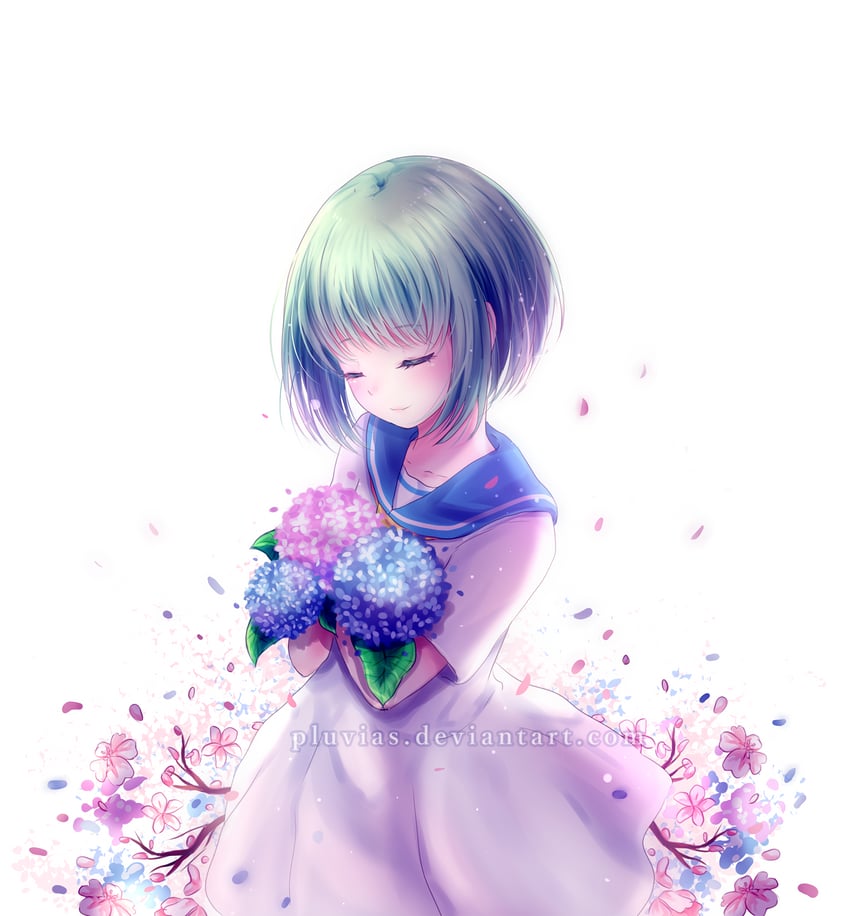 原创 1名女孩 蓝花 蓝色花瓣 蓝色水手领 波波头
