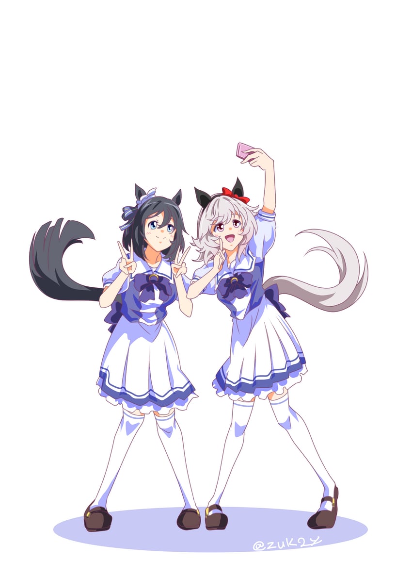 赛马娘、真机伶 (赛马娘)、荣进闪耀(赛马娘) 2名女孩 兽耳 黑发 黑色发带 蓝眼