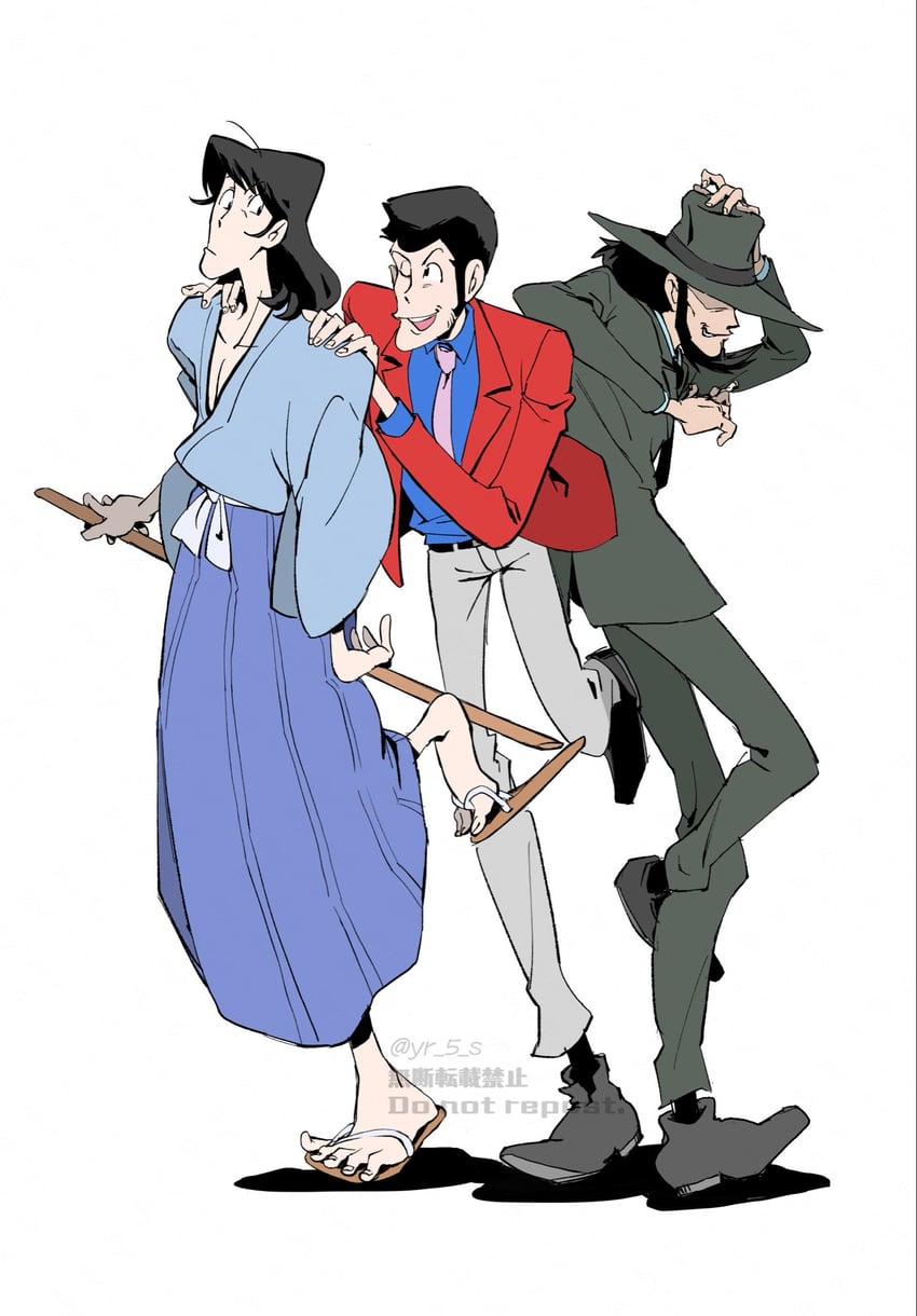 鲁邦三世、鲁邦三世、石川五右卫门十三世 3个男孩 背靠背 胡子 腰带 黑发