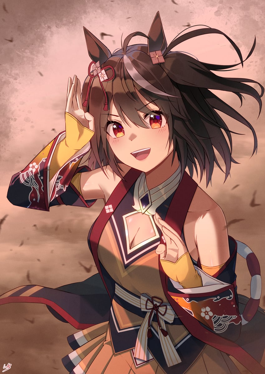 赛马娘、北部玄驹 (锦上之花) (赛马娘)、北部玄驹 (赛马娘) 1名女孩 兽耳 露肩 黑色宝石 黑发