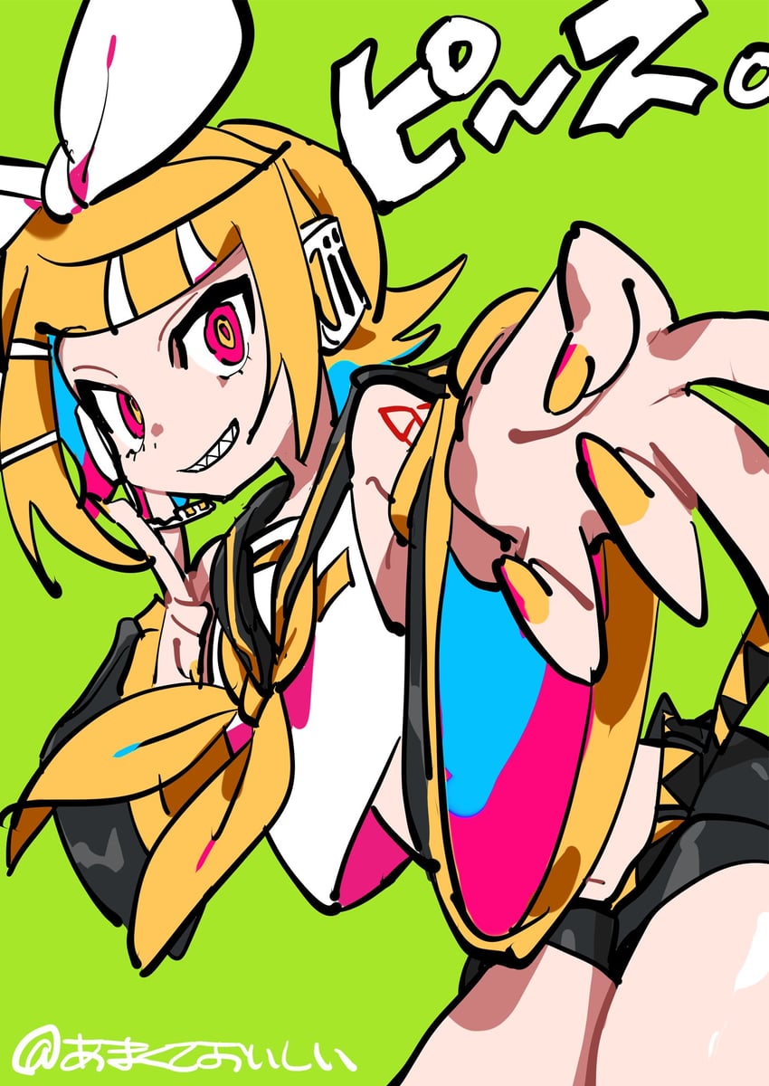VOCALOID、镜音铃 1名女孩 异色瞳 黑色袖子 金发 蝴蝶结