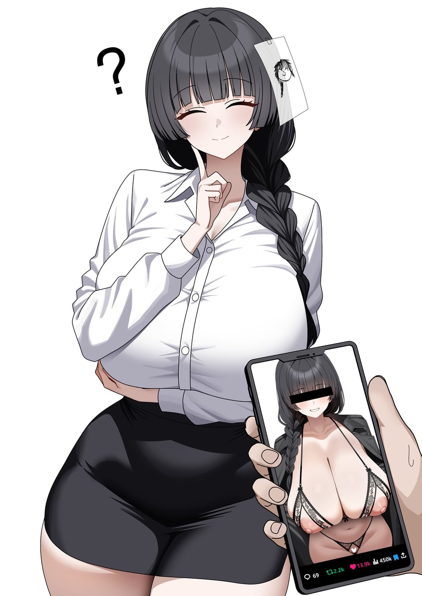 蔚蓝档案、Twitter、女老师 (碧蓝档案) 1名女孩 问号 手臂托在乳房下 条状遮挡 黑色大衣