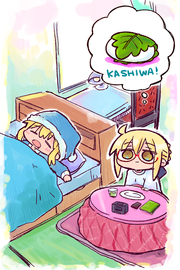 Fate/Grand Order、Fate系列、阿尔托莉雅·潘德拉贡 (Fate) 2名女孩 床 金发 蓝帽子 蓝色睡衣