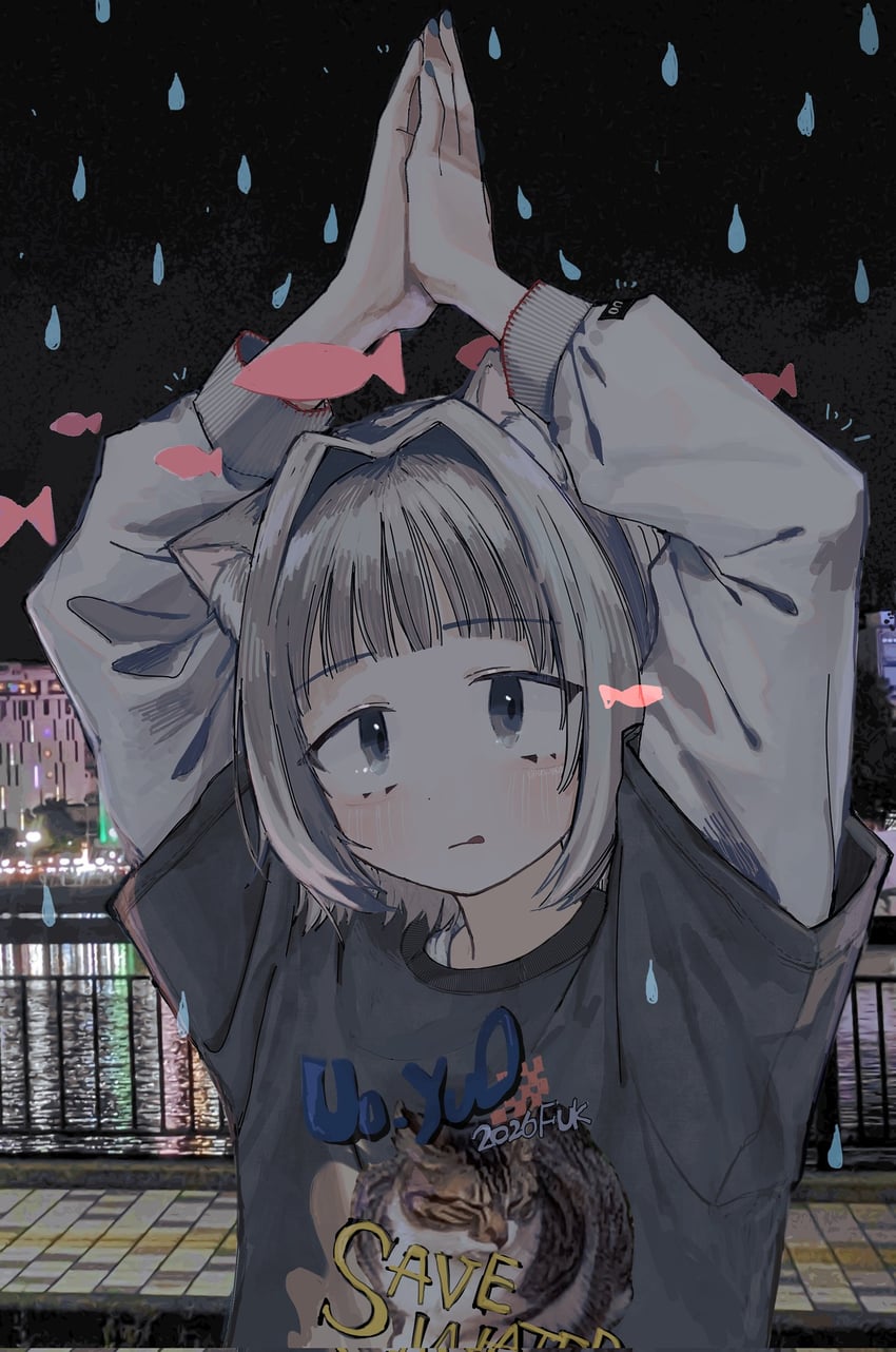 原创 1名女孩 兽耳 举起双手 黑衬衫 脸红