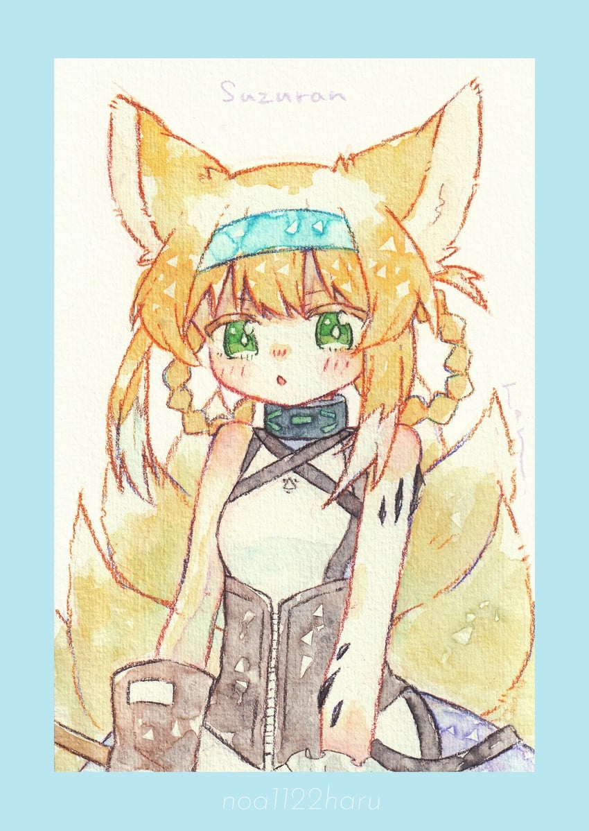 明日方舟、铃兰 (明日方舟) 1名女孩 兽耳 金发 蓝色边框 蓝色发带