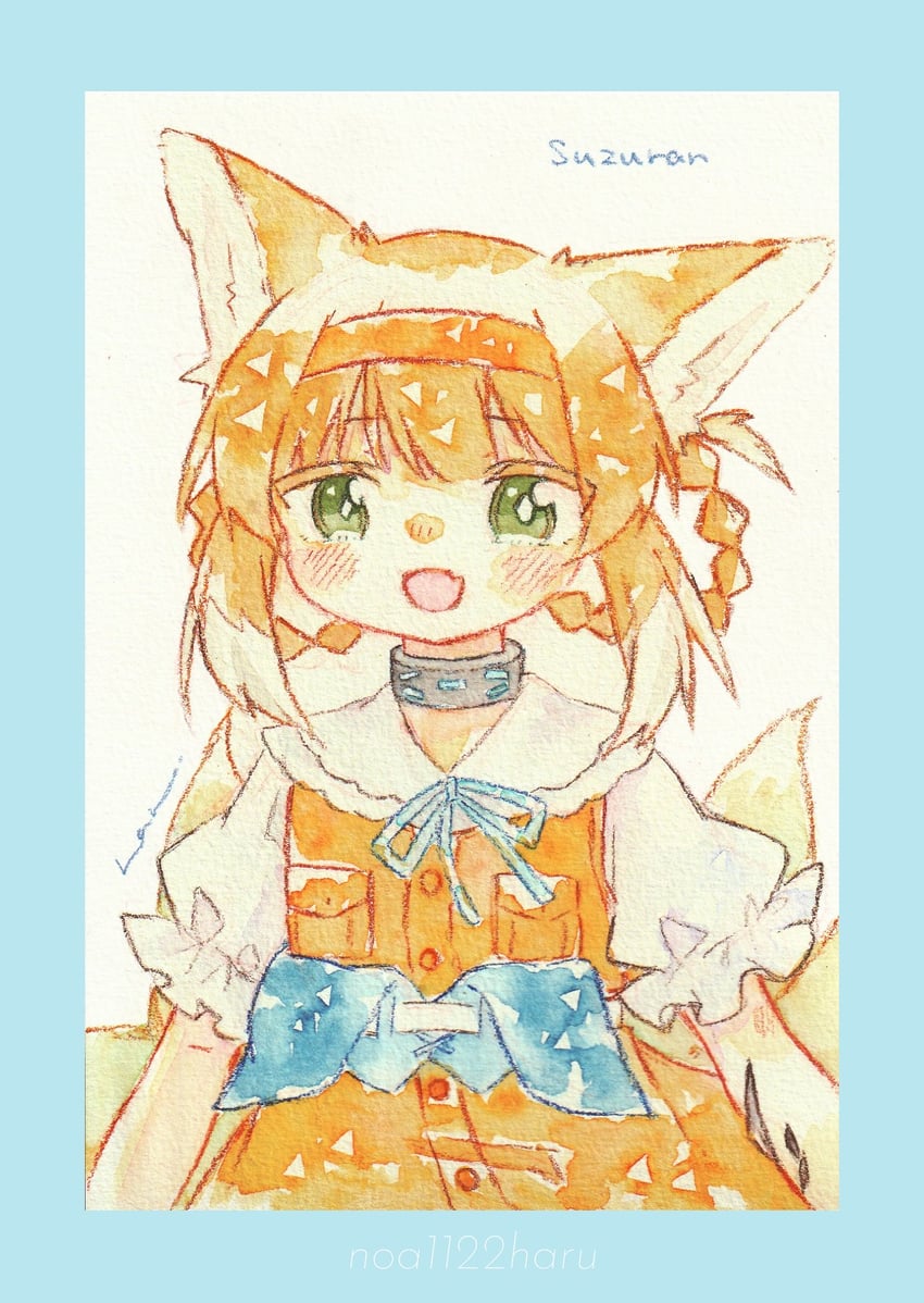 明日方舟、铃兰 (明日方舟) 1名女孩 兽耳 金发 蓝色边框 蓝色丝带