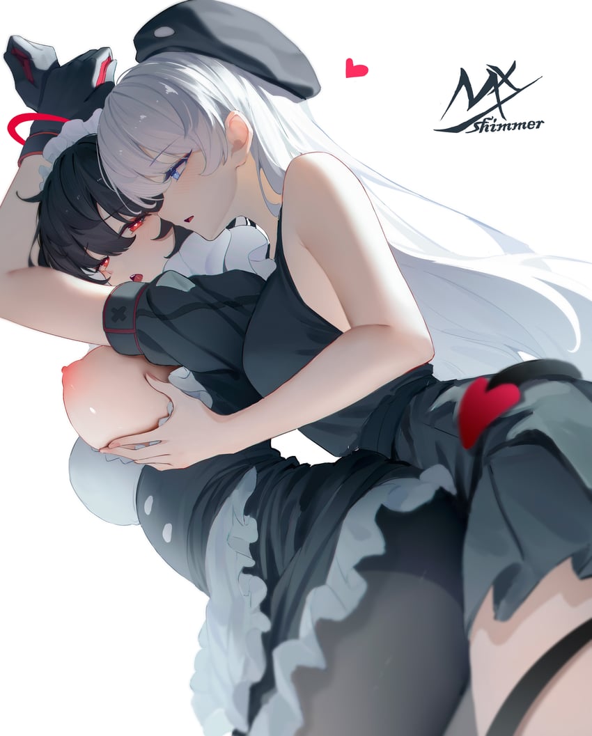 原创、天使女孩 (微光)、黑发恶魔女孩 (Shimmer) 2名女孩 举起双手 贝雷帽 黑色连衣裙 黑色手套
