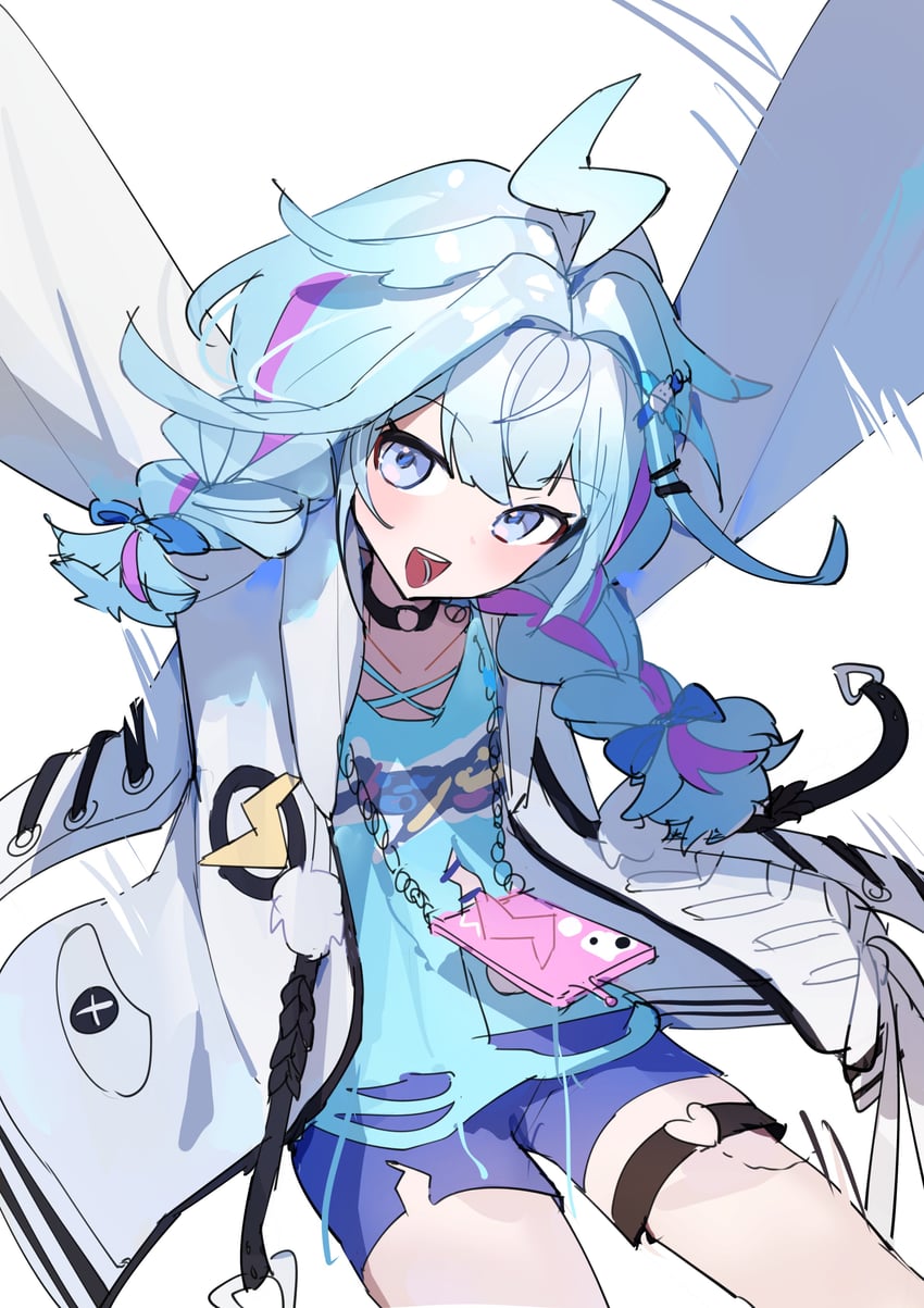 Hololive、hololive DEV_IS、水宫飒 1名女孩 呆毛 举起双手 蓝色蝴蝶结 蓝眼