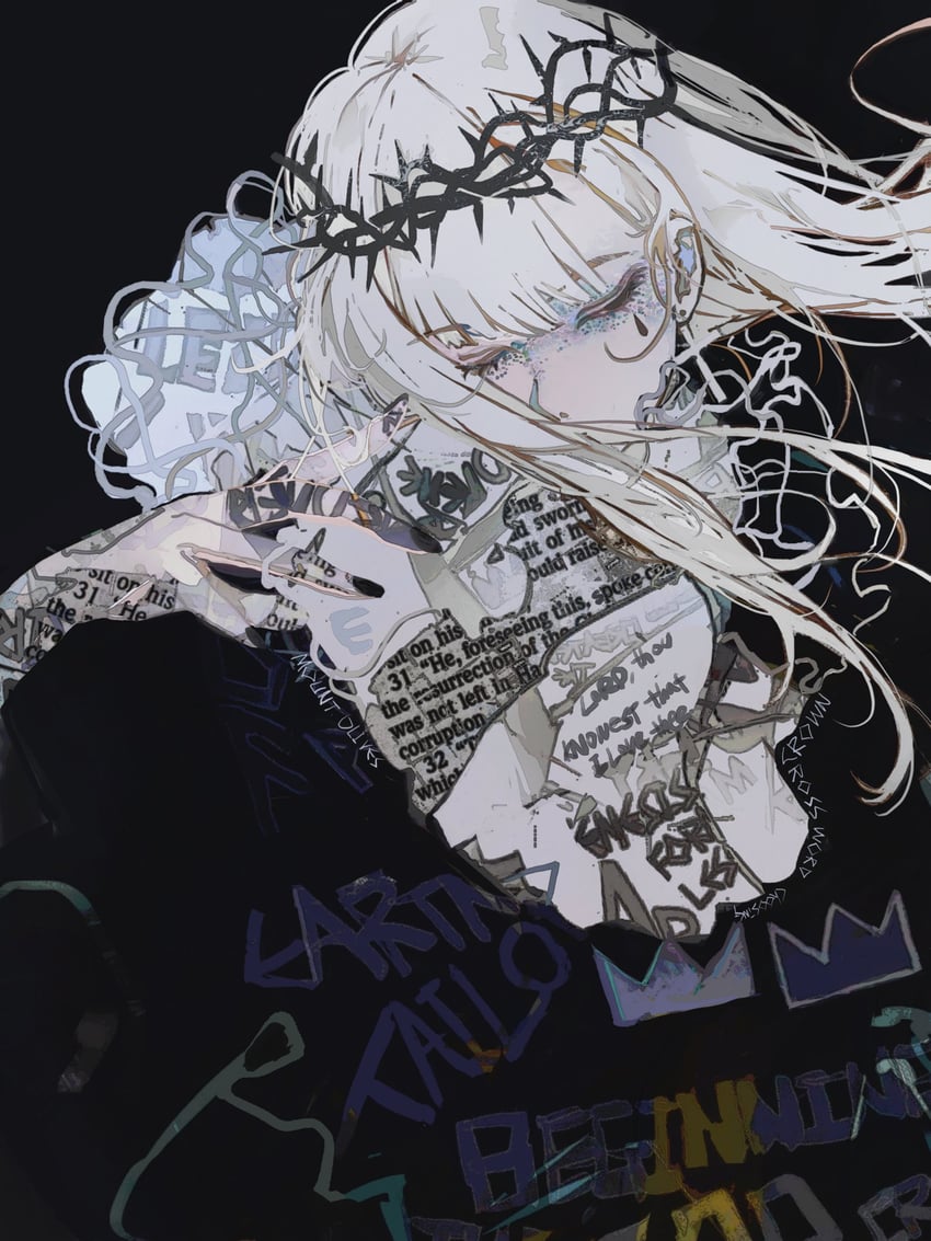 原创 1名女孩 黑色指甲 闭眼 荆棘冠冕 耳环