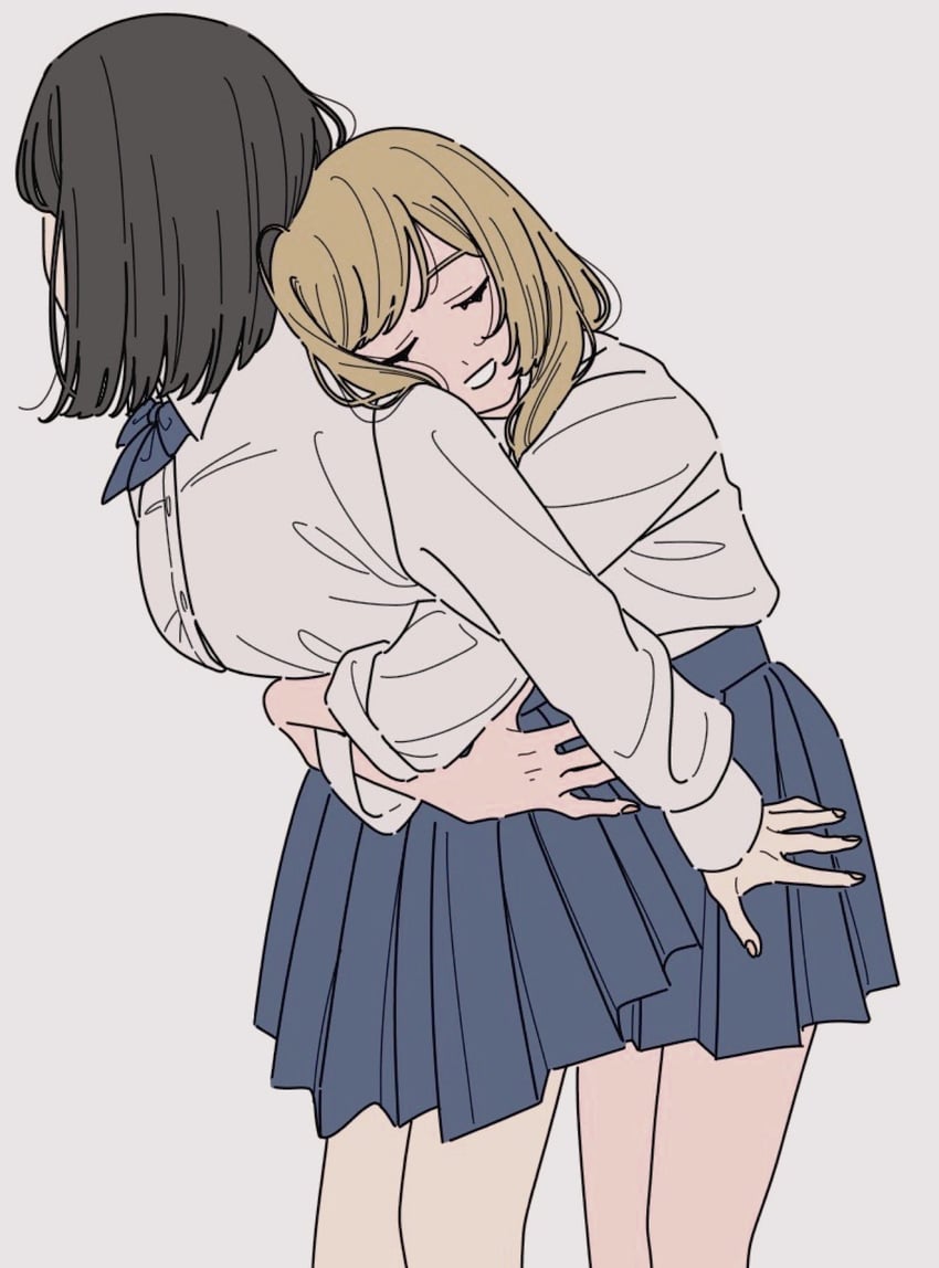 原创 2名女孩 黑发 金发 蓝裙子 乳房