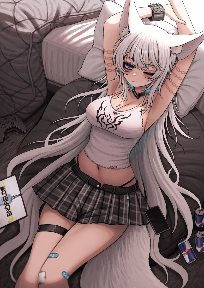 明日方舟、明日方舟：终末地、原创 1名女孩 兽耳毛 兽耳 腋下 举起双手