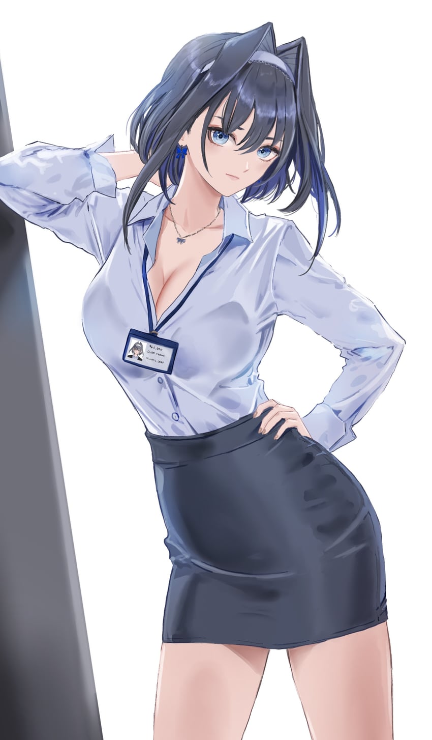 Hololive、Hololive英语、议会 (Kronii) 1名女孩 手放在头后 举手 黑发 黑色裙子