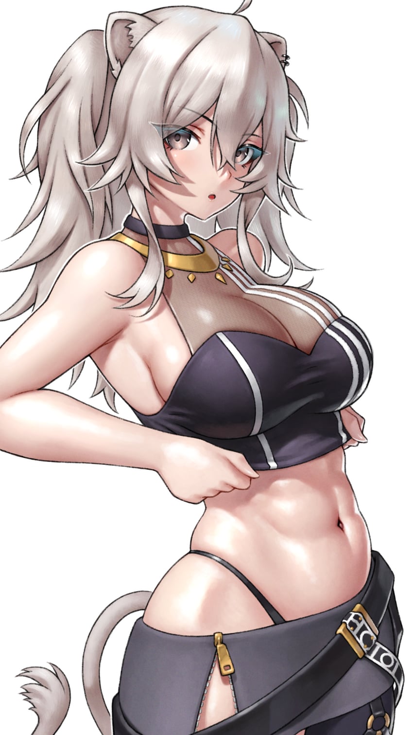 Hololive、狮白牡丹、狮白牡丹 (第一套服装) 1名女孩 腹肌 呆毛 兽耳穿孔 兽耳