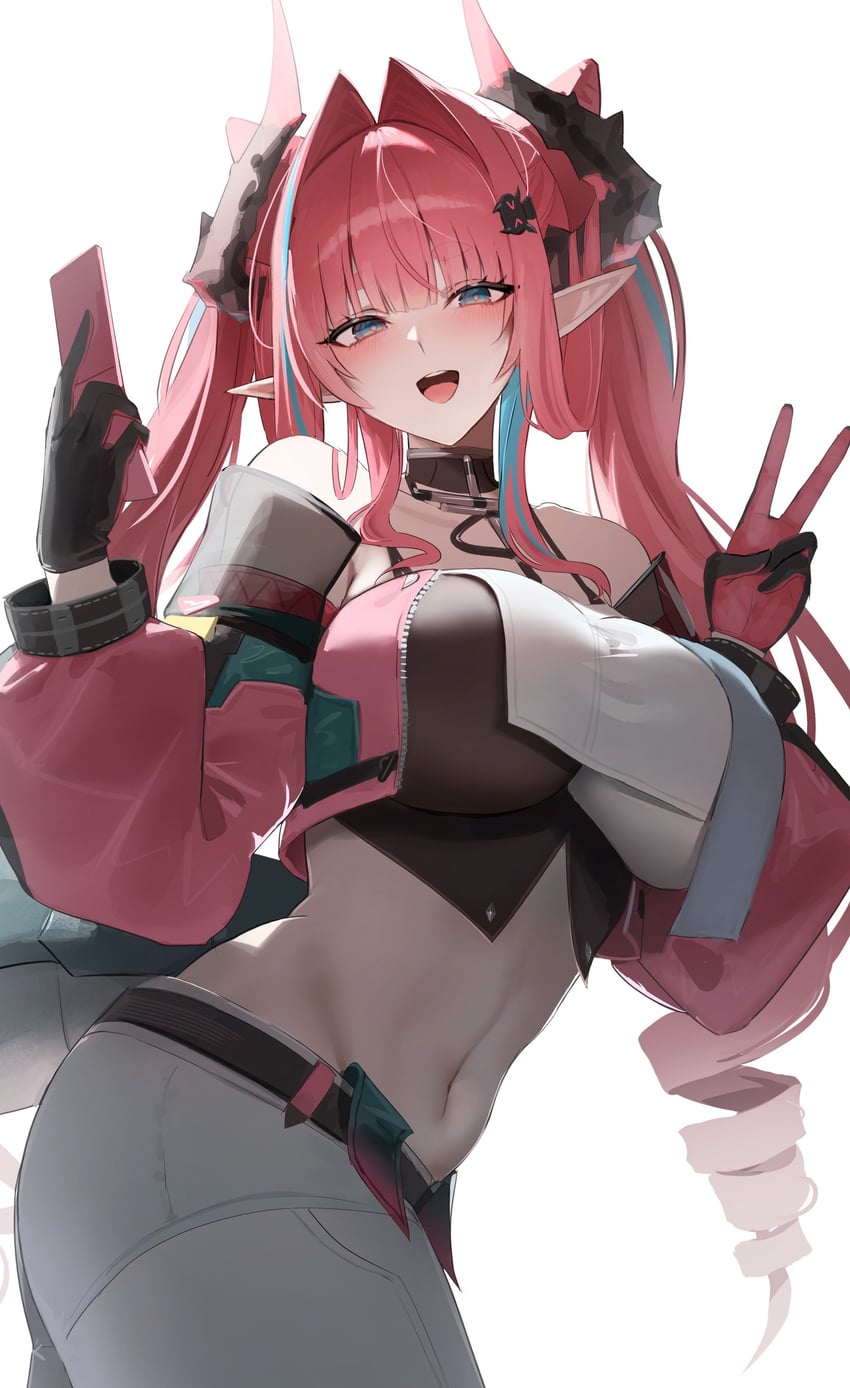 明日方舟、明日方舟：终末地、依冯娜 (明日方舟) 1名女孩 水色挑染 露肩 黑色手套 乳房