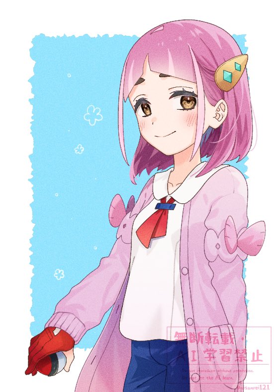 宝可梦、宝可梦 朱/紫、纳莉 (宝可梦) 1名女孩 蓝色背景 蓝色裤子 脸红 棕眼睛
