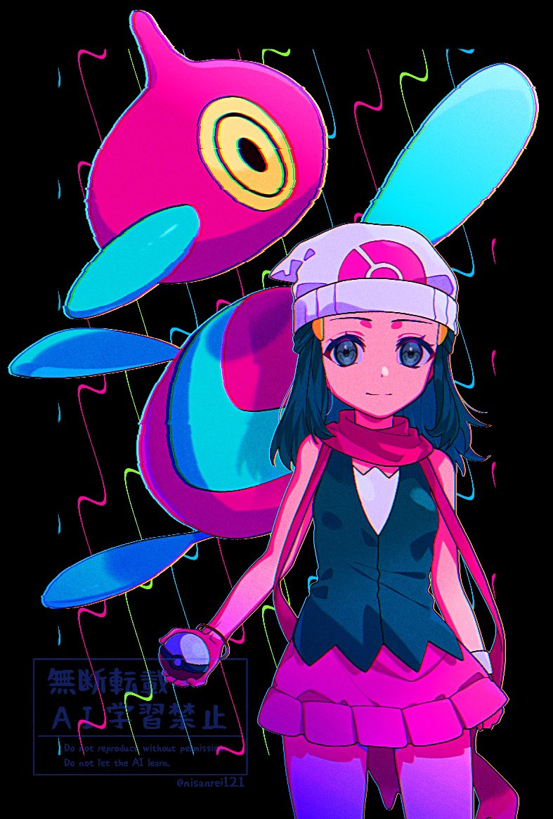 宝可梦、宝可梦 钻石/珍珠/白金、小光 (宝可梦) 1名女孩 针织帽 黑色背景 黑发 黑衬衫