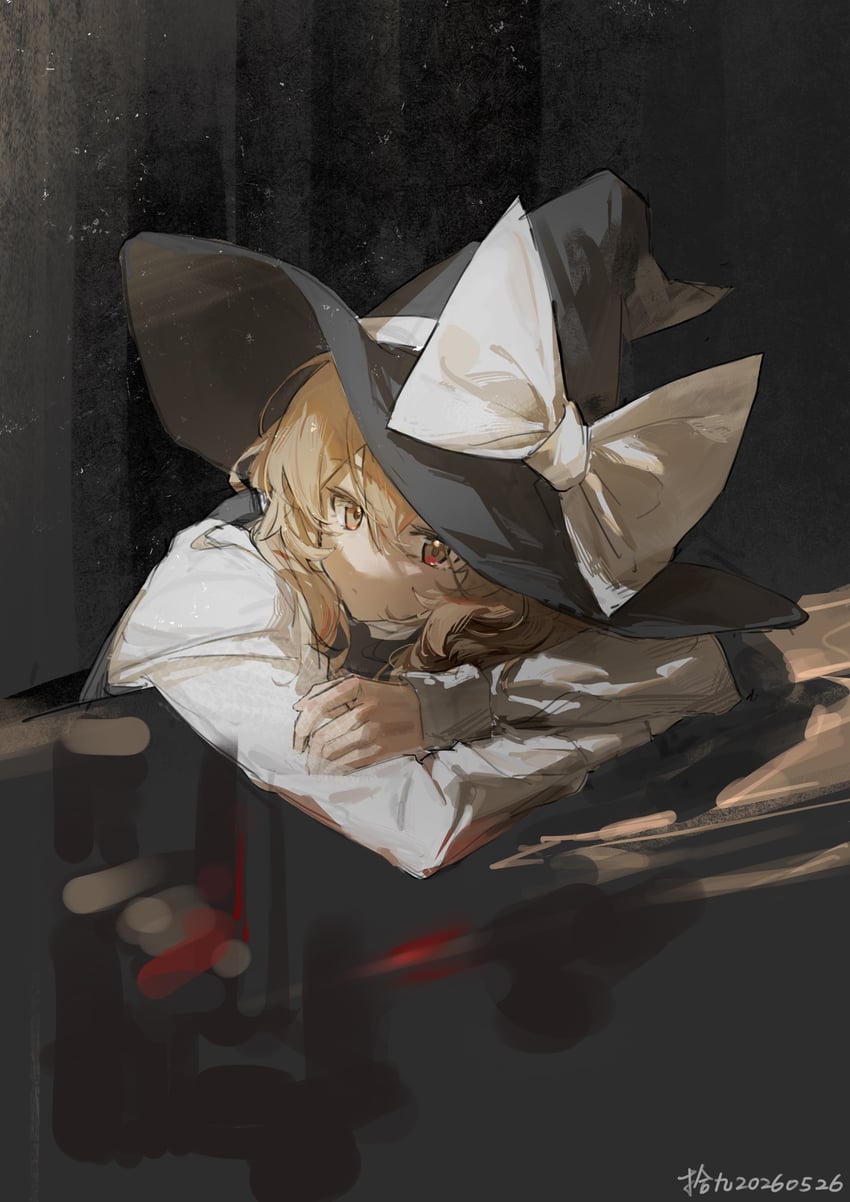 东方Project、雾雨魔理沙 1名女孩 靠在桌子上 异色瞳 作者名 黑帽子