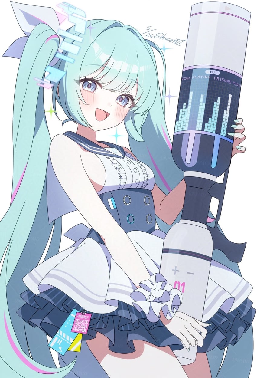 蔚蓝档案、VOCALOID、初音未来 1名女孩 :D 露肩 黑色水手领 蓝眼